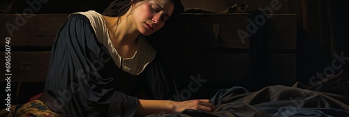 A young widow in mourning attire cries over the coffin of her deceased husband, banner