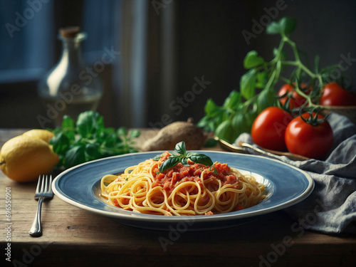 Espaguetis con salsa de tomate y albahaca fresca en mesa de madera con verduras en el fondo