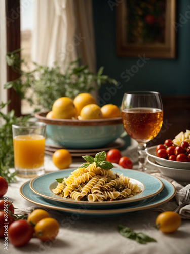 Fusilli, plato de pasta fresca en cocina con decoración mediterránea