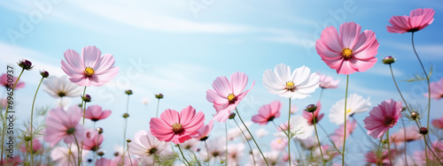 Field of pink flowers is in bloom under a clear blue sky #696550937