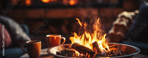 mug of hot chocolate or coffee by the Christmas fireplace. Woman relaxes by warm fire with a cup of hot drink. Winter, Christmas created by ai