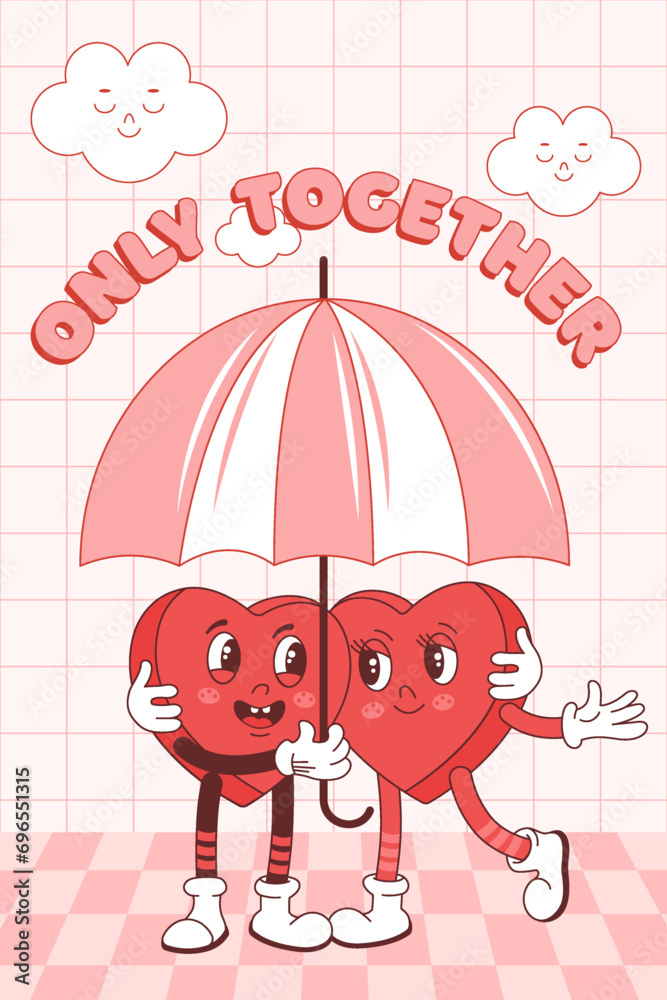 Valentines day greeting card.Valentine's day.Groovy retro two lovers hugging hearts under an umbrella and text. Vector Hippie happy hearts in retro cartoon style. Vintage style and text. Valentines day greeting card.Valentine's day.Groovy retro two lovers hugging hearts under an umbrella and text. Vector Hippie happy hearts in retro cartoon style. Vintage style and text.