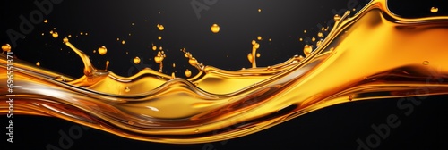 Splash of orange liquid oil on dark background, cosmetics or products concept, banner photo