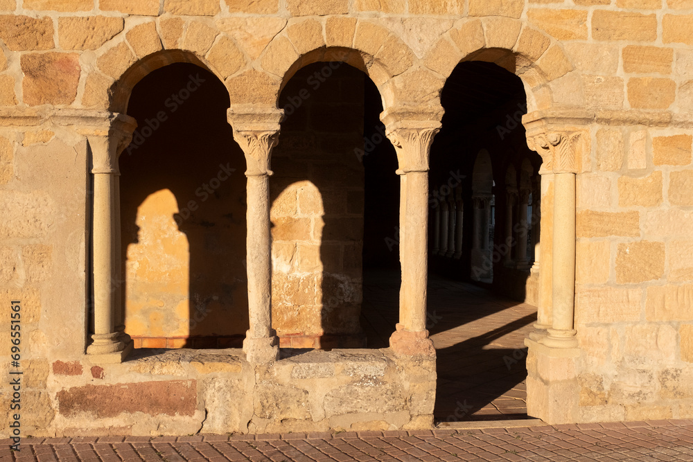 Porticoed atrium. Rural Romanesque church. Saúca, Guadalajara (Castilla-La Mancha), Spain.