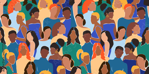 Seamless pattern with abstract women of different races, skin color, hair. Girls are a force together. Vector graphics.