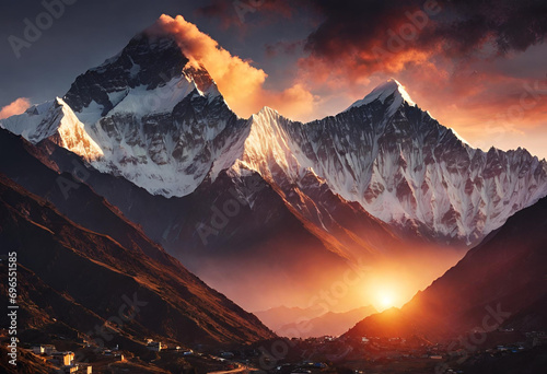 Sunset view of the Himalayas - Beautiful and dramatic sky with the peaks of the mountain rage rising above the rolling