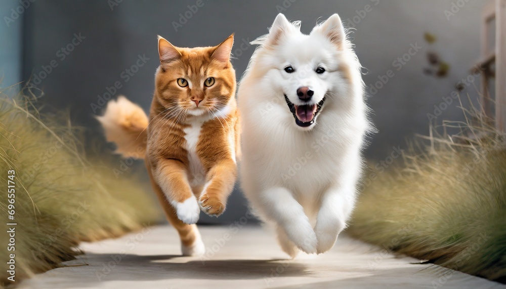 adorable furry animal duo running happily cute orange shorthair cat and samoyed dog trotting toward camera abstract canine and feline joy homeward bound - obrazy, fototapety, plakaty 