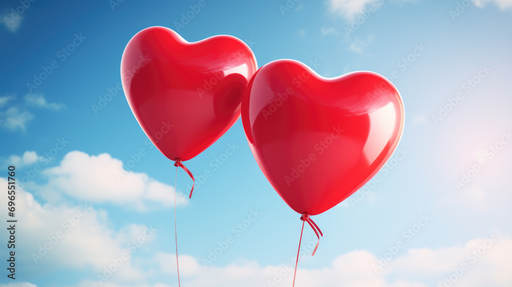 Two bright red, heart-shaped balloons floating against a blue sky with white clouds.