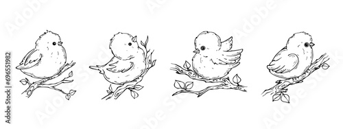 A set of sketches, doodles of small birds on spring branches. Vector graphics.