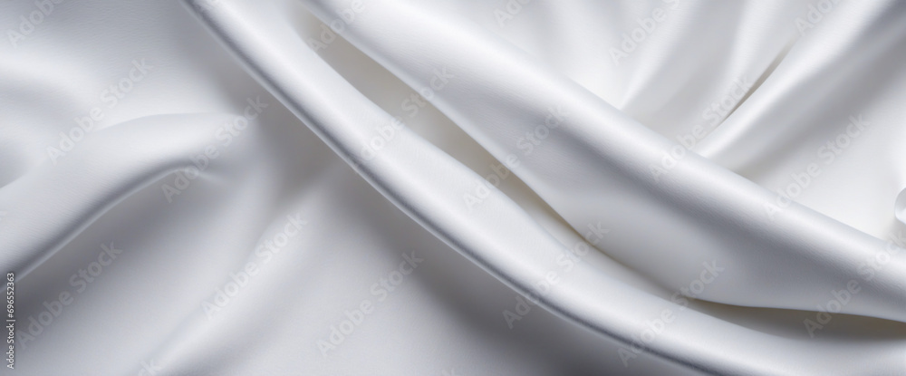 Abstract white background. Crumpled fabric texture. Polypropylene. Wide white banner. The texture of the rough surface of artificial fabric.