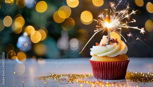 delicious cupcake with sparkler on festive table with blurred lights background with copy space for text
