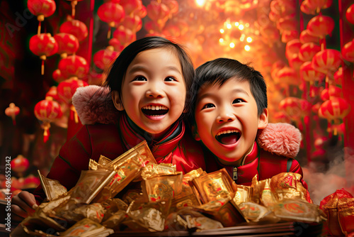 A couple of Asian kids celebrating Chinese New Year