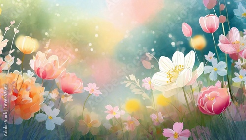 illustration banner background of spring flower garden in soft and sweet tone color generative ai