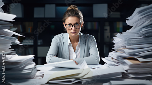 Woman looking overwhelmed and stressed while sitting at a desk piled high with stacks of paperwork, in a busy office setting. photo