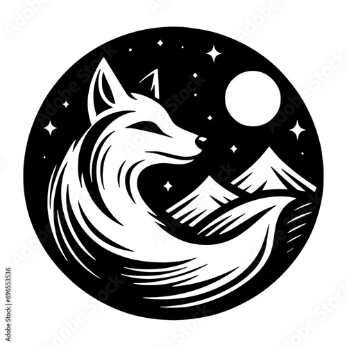 Fox logo with moon stars and mountain, black and white. Generative AI.