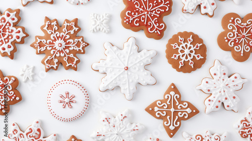 Cinnamon snowflakes, traditional Christmas cookies on white background. Top view, copy space, banner format. Holiday baking concept.