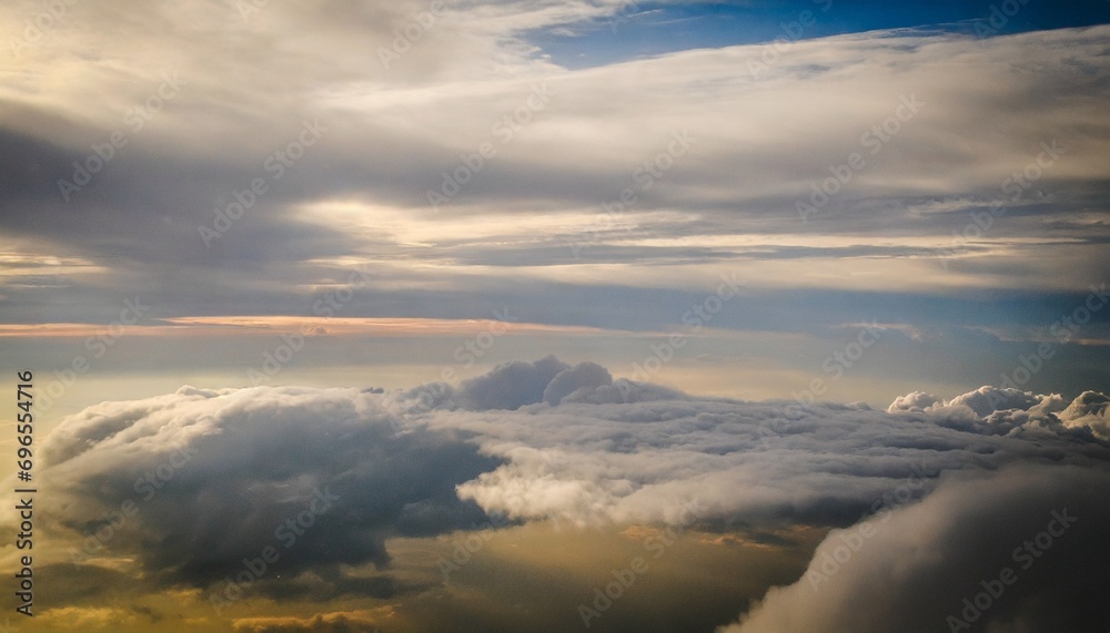 dramatic clouds from airplane in the sky at sunset ai generated art