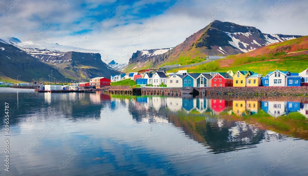 colorful building of small fishing town seydisfjordur reflected in the calm waters of north atlantic ocean beautiful summer scene of east west iceland europe traveling concept background - obrazy, fototapety, plakaty 