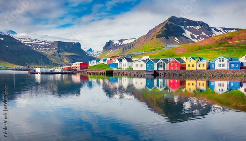 Foto colorful building of small fishing town seydisfjordur reflected in the calm wate