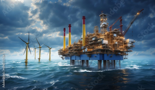 An oil rig with wind turbines in the sea.