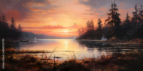 lakeside scene at sunset background
