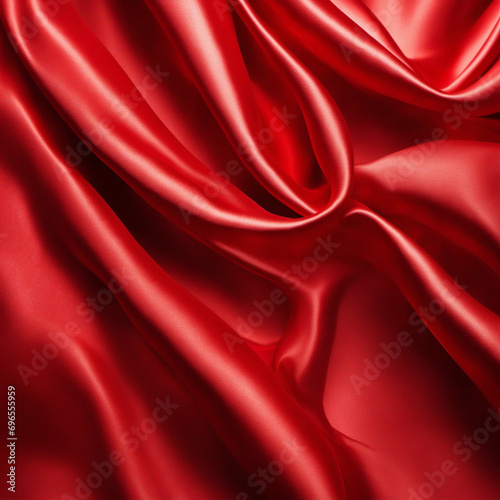 Vivid Red Silk Fabric with Elegant Folds. Glossy Textured Surface Perfect for Stylish Backgrounds.