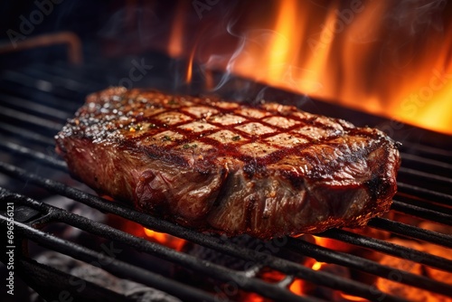 piece of meat being grilled outdoors. It is a common barbecue dish and is being cooked over an open flame.