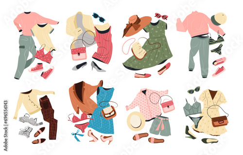 Fototapeta Naklejka Na Ścianę i Meble -  Outfits set in casual style for women. Fashion clothing, accessories, shoes for spring and summer. isolated flat vector illustrations on background