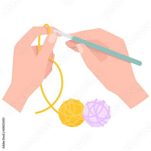Two female hands with a knitting hook