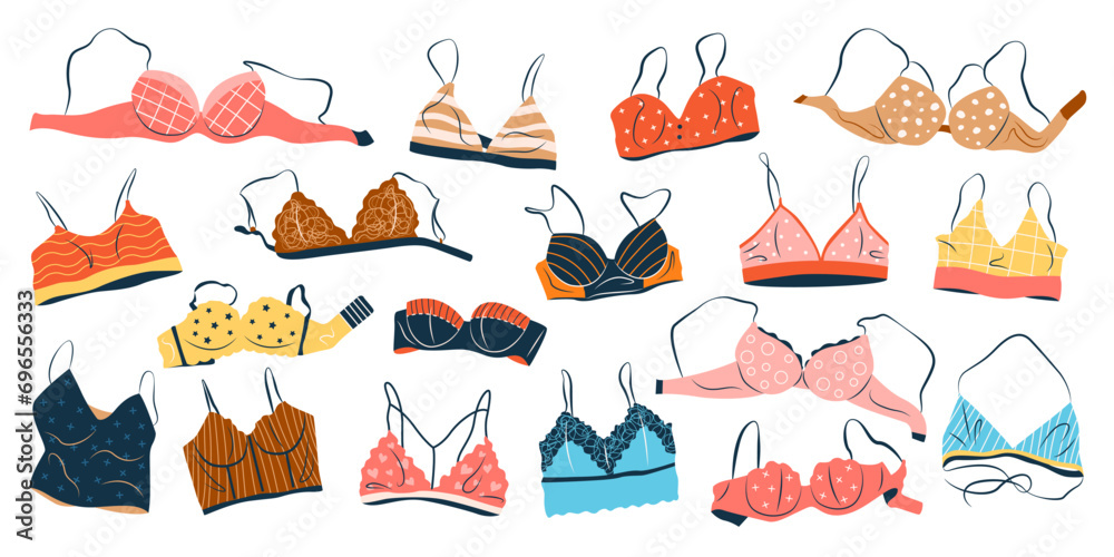 Set of bra, underwear for women. Fashion collection with various types of underclothing. isolated hand drawn cartoon vector illustrations with colorful lingerie on white background. - obrazy, fototapety, plakaty 