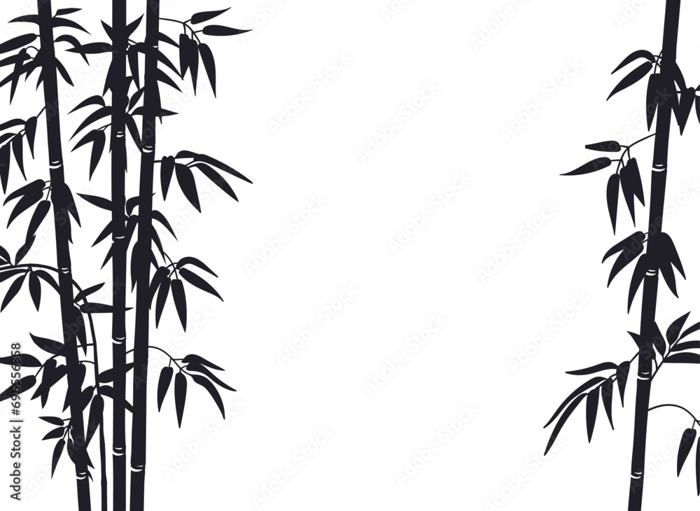 Obraz premium Bamboo silhouettes background. Bamboo sprouts pattern, Chinese or Japanese flora. Black ink decorative bamboo silhouettes flat vector illustration on white background
