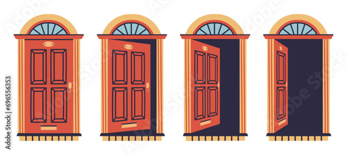 Apartment close and open door. House door animation, opened and closed wooden doors flat vector illustration set. Entrance door in various positions