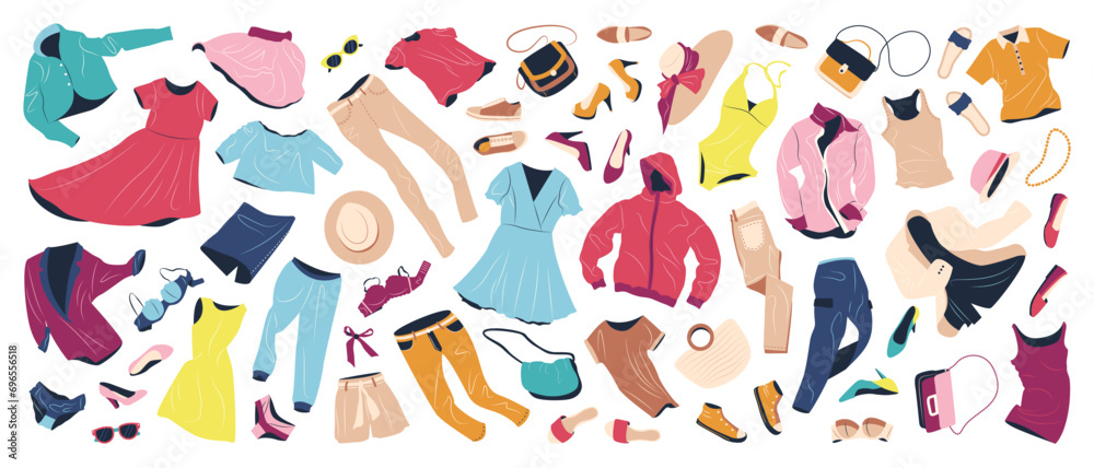 Set of fashion clothes for women. Casual garments and accessories for spring and summer. Jacket, bags, shoes, trousers, dress, hats flying. Flat vector illustrations isolated on white background.