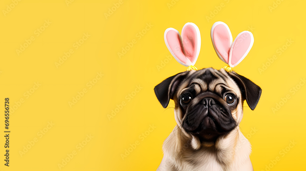Happy smiling pug with bunny ears on yellow background. Easter concept, blank background