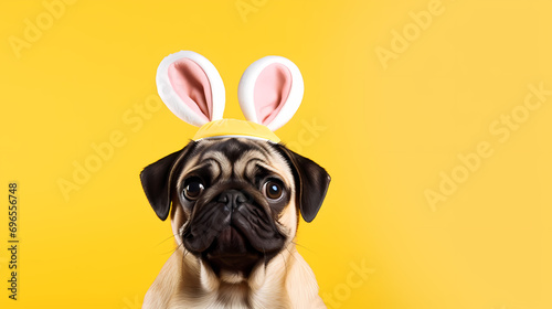 Happy smiling pug with bunny ears on yellow background. Easter concept, blank background