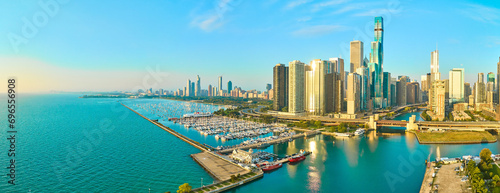 Aerial Chicago Skyline and Marina at Golden Hour Panorama