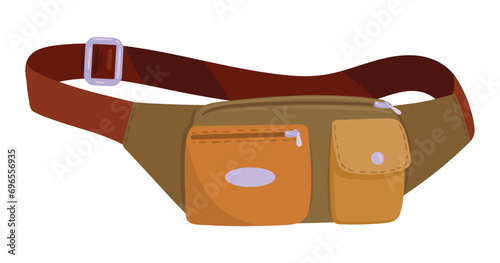 Zipped pouch bag. Cartoon old school nylon belt bag, vintage waist bag with zipper pockets flat vector illustration. Textile waist bag