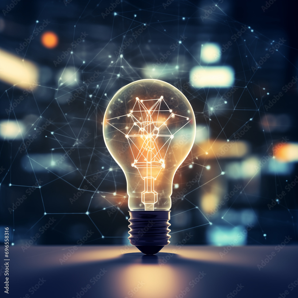 Polygon style light bulb with the blockchain technology style with the tech background Polygon style light bulb with the blockchain technology style with the tech background