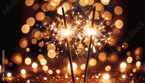 Bengal sparklers with detailed sparks against a large, soft golden bokeh light background, conveying warmth.