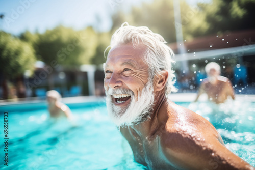Active senior man enjoying aquafit class in a outdoor pool photo