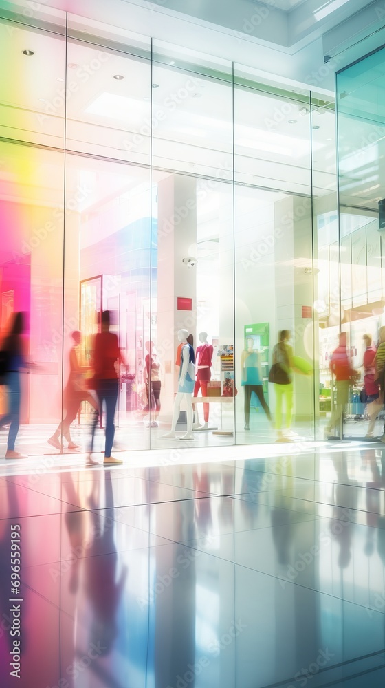 Blurred large storefronts in a shopping center with blurry colorful mannequins and shoppers