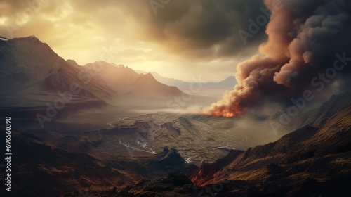 A breathtaking vista of a volcanic landscape, with rugged terrain and steaming vents under a dramatic sky