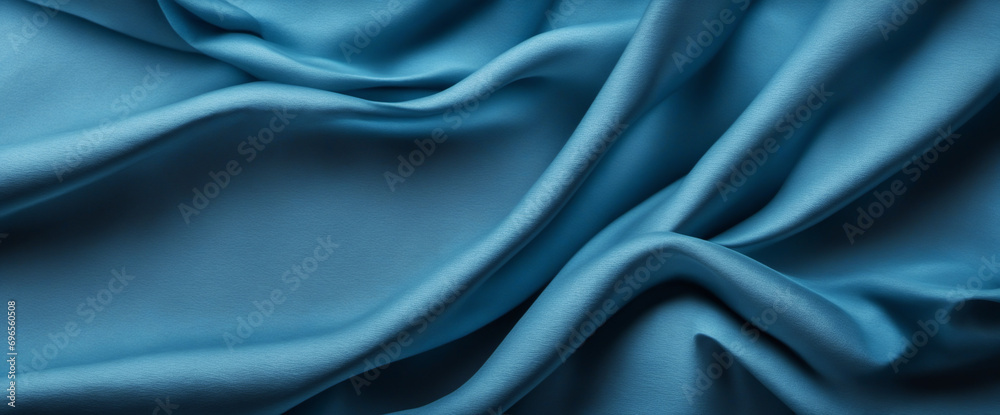 Fototapeta premium Textile background. Navy blue crumpled cloth. Dark fabric with creases. Blank area for creative projects. Wide horizontal banner. Panoramic backdrop.