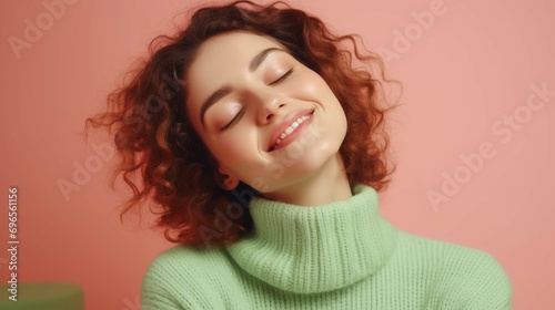Cheerful young romantic woman expresses self love and care, tilts head and smiles gently, wears green oversized jumper, embraces own body, closes eyes, stands in studio against pink