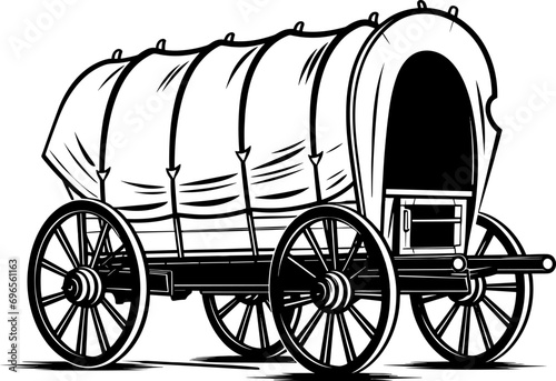 Wild west covered wagon black silhouette. Vector Western illustration isolated on white. AI generated illustration. photo