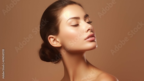 Cropped shot of unknown woman in healthy perfect figure clean skin touches jawline gently poses against brown studio background. fit body indoor. Slimming fitness