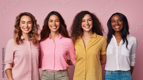 Four cheerful young women express positive emotions and feelings being in good mood smile broadly dressed in casual clothing being best friends isolated over pink background