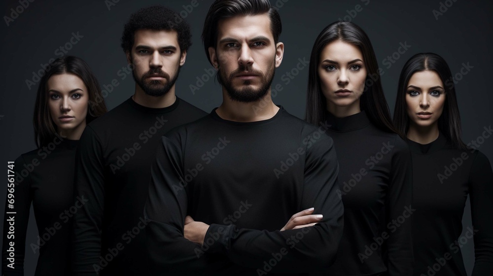 Photo of serious thoughtful women and men have miragaine or headache keep arms folded dressed in black and white clothing stand next to each other isolated over white background. 