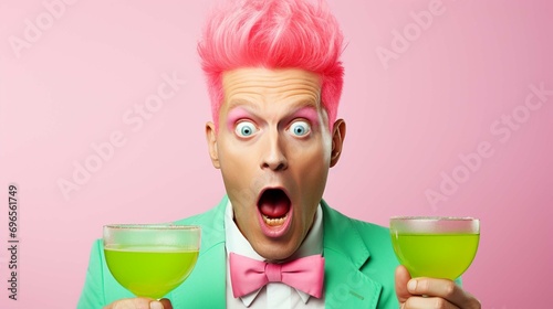 Photographie Photo of shocked terrified pink haired man applies green beauty patches under ey