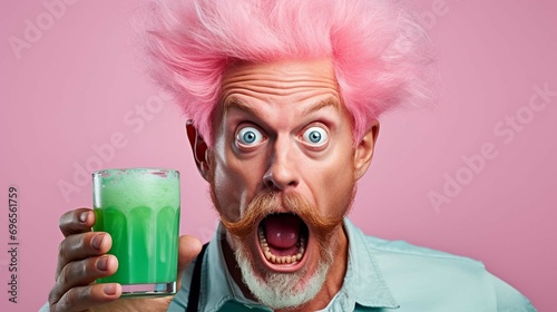 Photo of shocked terrified pink haired man applies green beauty patches under eyes to reduce puffiness holds glass of cocktail stares with omg expression at camera isolated over white photo
